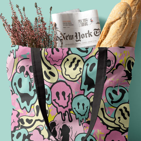 Melted Neon Smiley Print Tote Bag in Pastel